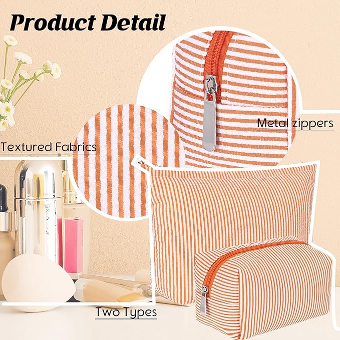 2 Pcs Makeup Bag Set Cute Cosmetic Pouch for Women Seersucker Travel Toiletry Bag Preppy Small Makeup Purse Pouch Aesthetic Skincare Brushes Storage Organizer for Valentine Women(Orange)