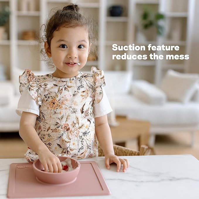 ezpz Happy Bowl - 24 Months + (Blush) - 100% Silicone Suction Bowl with Built-in Placemat – Dishwasher Safe