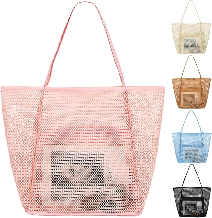 Mesh Beach Bag, Large Beach Tote with Zipper Pocket for Family Pool Bag for Toys & Vacation Essentials