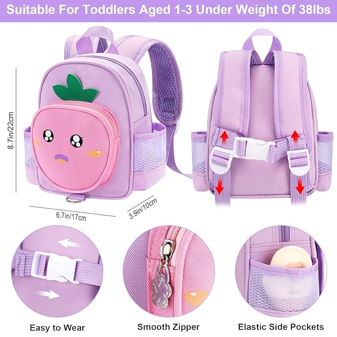 Accmor Toddler Backpack with Leash, 4 in 1 Kid Mini Backpacks with Anti Lost Wrist Link, Cute Child Harness Bag Rein for Outdoor, Peach Back Pack with Strap Tether for Baby Girl Aged 1-3 Years(Purple)