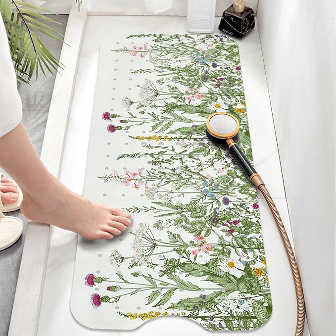 Non Slip Bathtub Mat, Flower Bath Mat for Tub, Extra Long Bathtub Mat Shower Mat with Suction Cups and Drain Holes for Elderly Kids Toddler Baby 40 X 16 Inch
