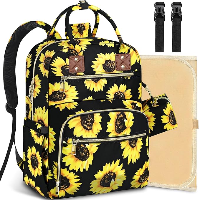 Tenot Baby Diaper Bag Backpack, Travel Diaper Bags for Baby Girl Boy Large Capacity Baby Bag Backpack for Women Sunflower