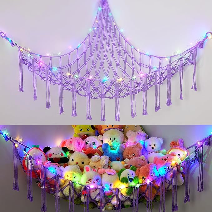 Basumee Stuffed Animals Net or Hammock with LED Light, Hanging Stuffed Animals Storage Toy Hammock Net Corner Wall Girls Room Decor Toy Storage Organizer, Purple, XL