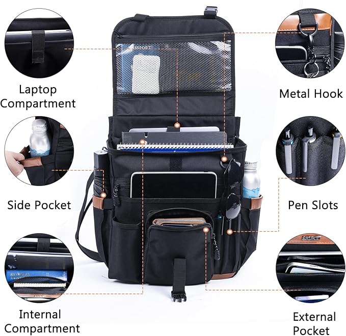 SPORJET Car Seat Organizer with Lid and Laptop Compartment (Fits 15.6"), Front Seat Passenger Organizer with Adjustable Strap, Multiple Pockets, Portable Office Bag, Water-Resistant 1200D Polyester