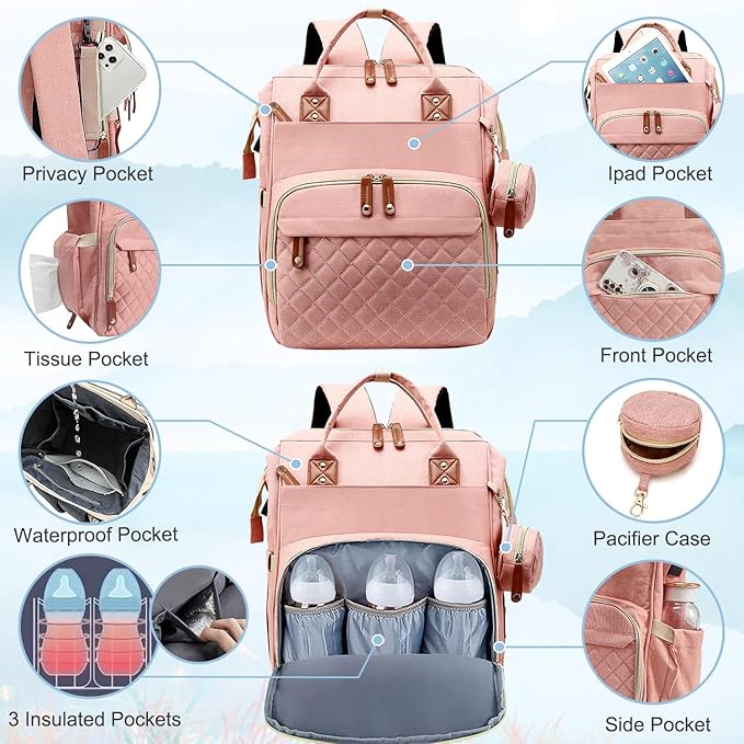 SHITIESHOU Diaper Bag Backpack Baby Bag, Baby Girl Boy Diaper Bag for Dad Mom with Pad,16 Pockets, Pacifier Case, Large Diaper Bags Unisex for Travel (Orange Pink)