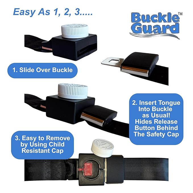 Seat Belt Button Cover (2-Pk) Deters Children & Disabled Adults from Unbuckling Seatbelt Buckles in Buses & Commercial Vans, No "Key" Needed to Open Device, for 2-Point Lap Belts (Black)