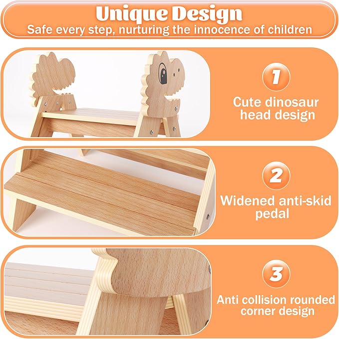 Novarieth Beech Wooden Toddler Step Stool, 2-Step Foldable Stool for Kids with Non-Slip Surface, Baby Bathroom Stool for Potty Training, Bathroom Sink, Kitchen Counter with Cute Dinosaur Design