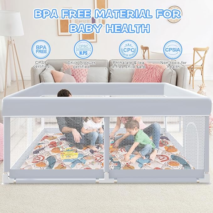 Baby Playpen with Mat, 65 x 50 Inch Play Pen Playards, Playpen for Babies and Toddlers, Baby Playard for Indoor & Outdoor Active Center Game Fence, Skin-Friendly Fabric and Soft Breathable Mesh