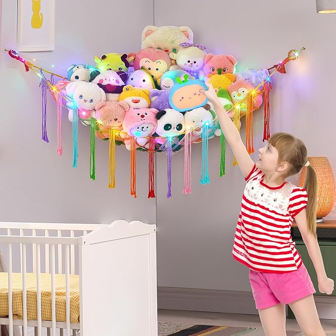 Basumee Stuffed Animals Net or Hammock with LED Light, Hanging Stuffed Animals Storage Toy Hammock Net Corner Wall Girls Room Decor Toy Storage Organizer, Rainbow, L