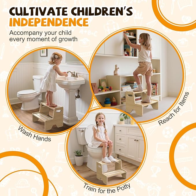 Uiirvdy Step Stool for Toddler, Sturdy Wooden 2-Step Stool with Anti-Slip Surface and Pads for Barthroom, Kitchen, Bedroom, Toilet, and Potty Training - 2 Pack