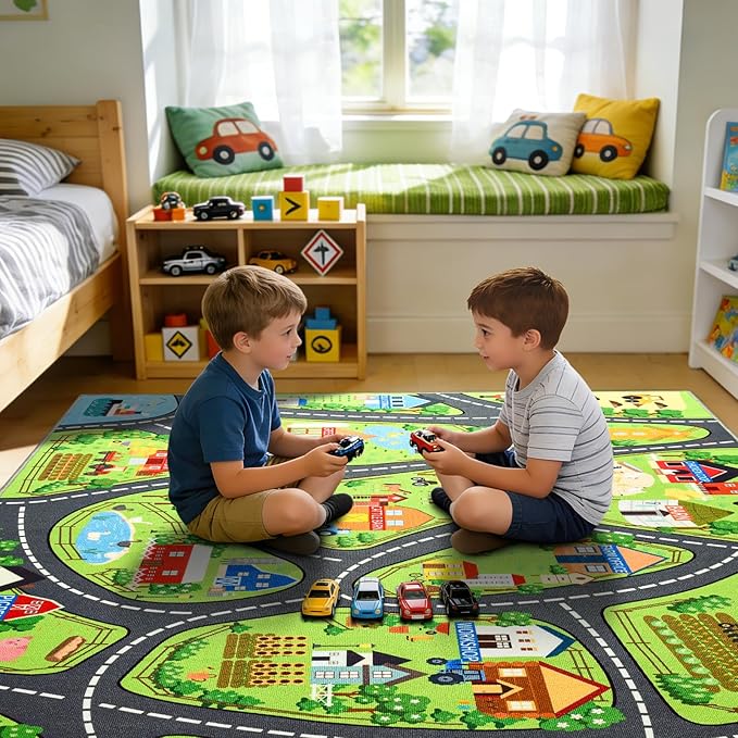 Farmyard Adventure Play Rugs, Educational and Fun Farm Play Mat for Kids, 8x10ft Non-Slip Playmat with Barns, Animals & Crops for Imaginative Play, Nursery, Playroom and Classroom