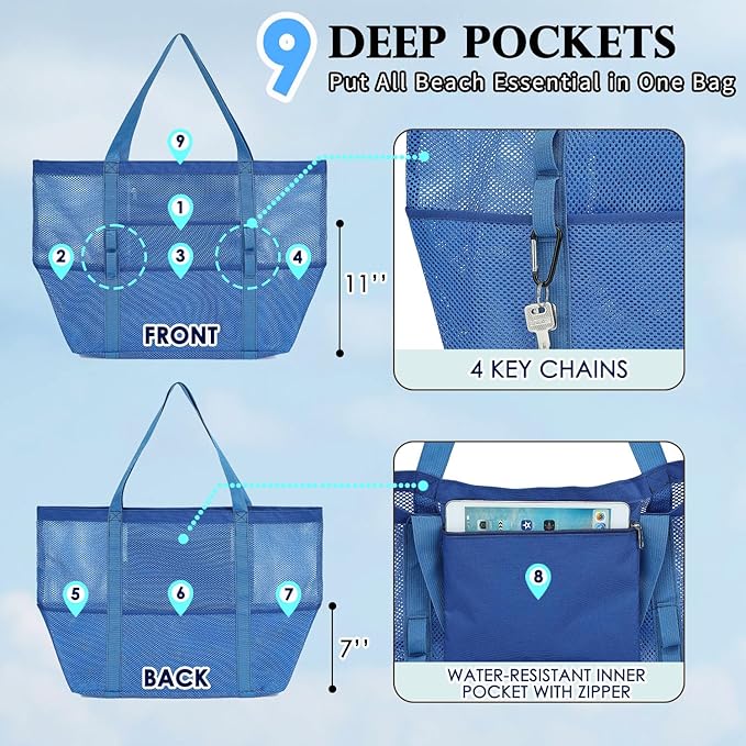 Mesh Beach Bag, Large Beach Tote with Zipper Pocket for Family Pool Bag for Toys & Vacation Essentials