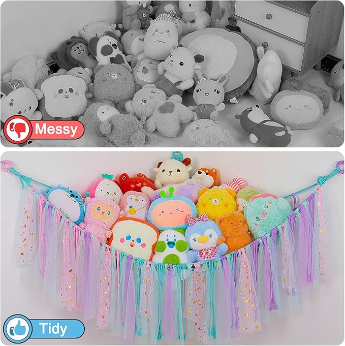 FIOBEE Stuffed Animals Net or Hammock with LED Light, Toy Hammock Hanging Stuffed Animals Storage Organizer Holder Room Décor for Nursery Kids Bedroom