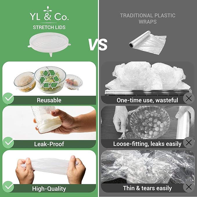 6 PCS Reusable Silicone Stretch Lids for Food Storage- Leakproof, Heat-Resistant Replacement Lids for Bowls, Cans, Cups and Glass Containers