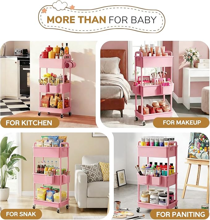 Goovilla Diaper Cart with Lockable Wheels and Easy Assembly, 3 Tier Pink Rolling Cart for Baby Nursery Storage, Sturdy Ample Diaper Caddy Organizer for Baby Girl, Boy, New Mom, Newborn Essentials