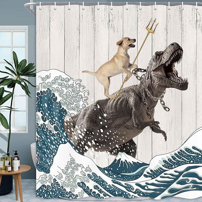 Boziqr Funny Dog Shower Curtain, Japanese Ocean Wave Dinosaur Rustic Barn Door Decor Fabric Bathroom Curtains Set, Cute Animal Kids Polyester Fabric Waterproof, 70 X 84 Inches