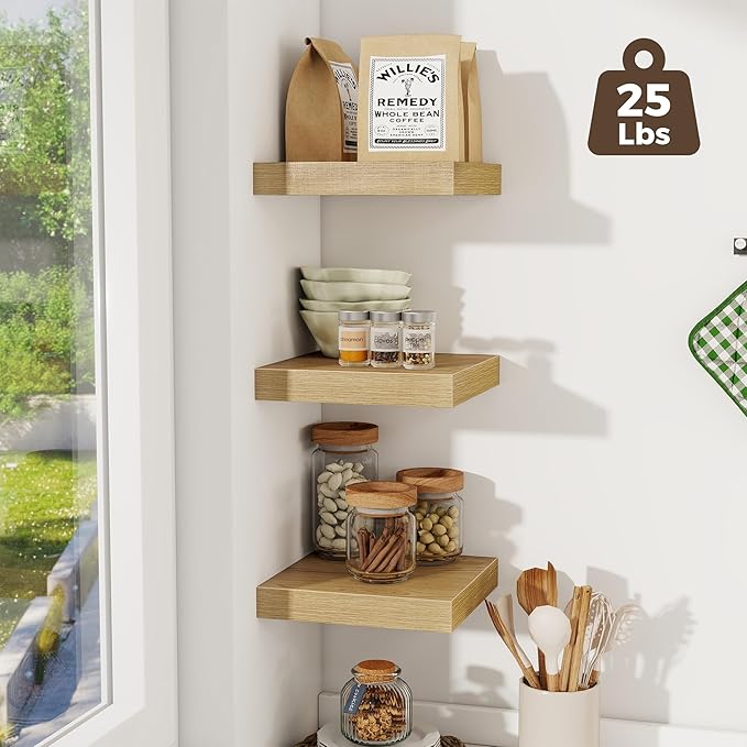 Fun Memories Square Floating Shelves for Wall, 9.3" W x 9.3" D x 1.4" H, Shelves for Wall with Invisible Brackets, Small Wood Storage Shelves for Kitchen, Living Room, Bedroom, Set of 3(Oak)