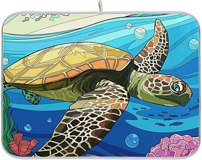 Absorbent Dish Drying Mat for Kitchen Counter - Blue Turtle Microfiber Drying Pad, Reversible Drainer Mats for Countertop, Small 16" x 18"