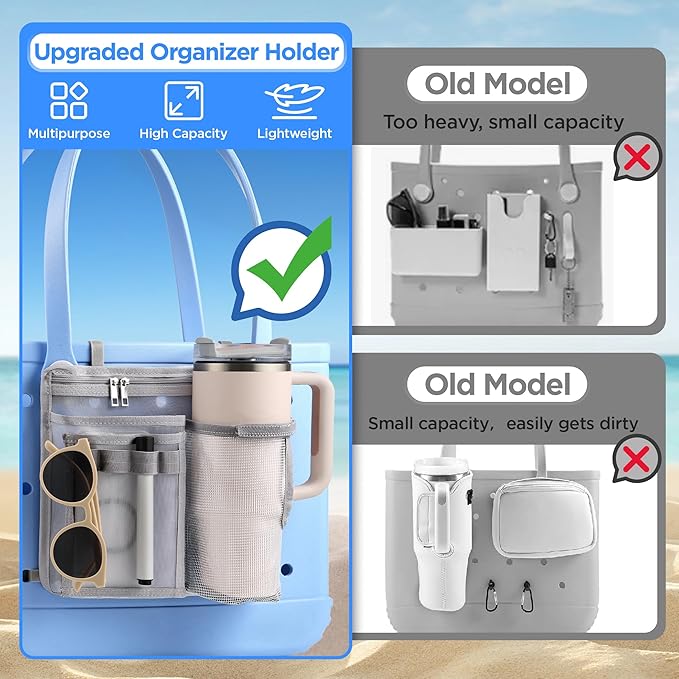 OUTXE Organizer Holder for Bogg Simple Modern Bag Accessories, Cup Phone Holder compatible with Stanley, Univesal Storage Mesh Divider Organizing Insert Pouch for Medium Bog Beach Rubber Tote, Gray