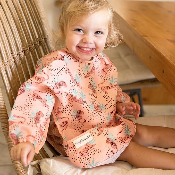 Tiny Twinkle Long Sleeve Bib for Babies & Toddlers | Waterproof Smock Bib for Eating | Machine Washable & Mess-Proof Feeding Essentials | Newborn Shower Gift (Leopard, 6–24M)