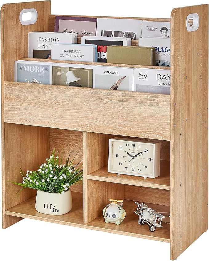 VECELO Kids Bookshelf with Toy Storage - Wooden Nursery Organizer for Books & Toys, Easy Assembly Playroom Shelf (Teak)
