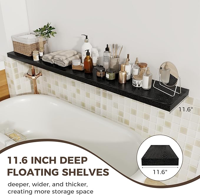 Fun Memories Black Deep Floating Shelves, 72 x 12 Inch Long Wall Shelves, Large Display Shelf & Storage Shelf, Wood Floating Wall Shelves for Fireplace Mantel, Living Room, Home Office - Set of 2