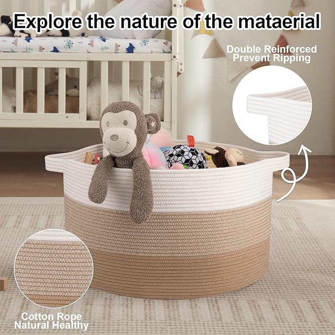 OIAHOMY 90L Blanket Basket for Living Room, Large Basket 23" x 23" x 13" with Handle, Laundry Hamper for Blankets, Pillows, Toy Storage for Kids, Dogs - Gardient Light Brown