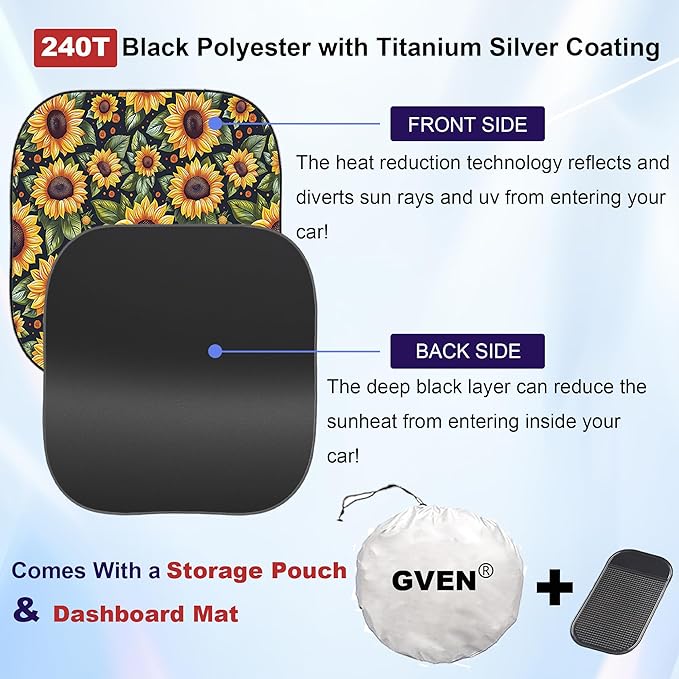 Gven Windshield Sun Shade 2pcs with Bonus Car Sunshade for Front Window Shades 2025 Technology Reflect UV and Heat Sun Visor Automotive Interior Sun Protection (Sunflower, M)