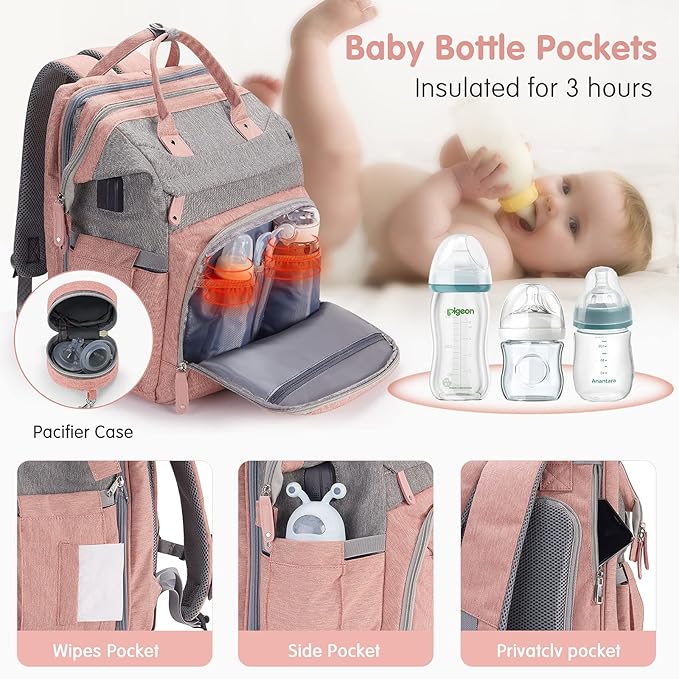 DERJUNSTAR Diaper Bag Backpack – Large Capacity Baby Diaper Bag with Changing Pad for Dad and Mom, Waterproof Travel Backpack, Multi-Function Bag with USB Charging Port, Rose Pink