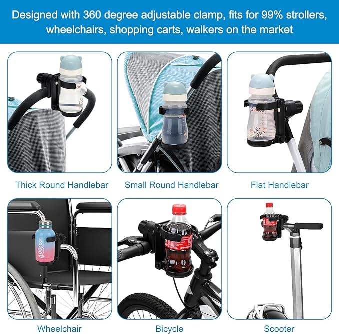 Accmor Stroller Cup Holder, Foldable Universal Cup Holder, 360 ° Rotatable Bottle Holder for Stroller, Bike, Wheelchair, Walker, Scooter ﻿