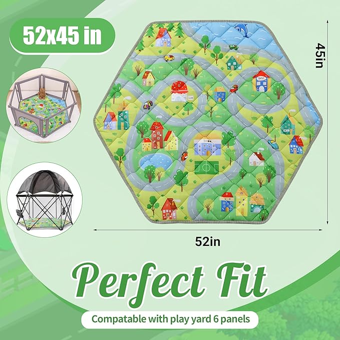 HOMBYS Hexagon Playpen Mat, 52x45 Thicken Soft Playpen Mat Fits Hexagon Portable Play Yard & Playpen, Washable Baby Play Mat Non-Slip Mat for Toddler Kids Crawling & Play, (Road & Car Pattern)