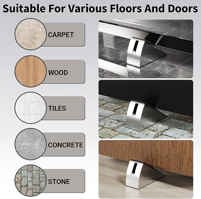 ZDZQJIA Heavy Duty Door Stoppers for Bottom of Door -Adjustable Spring Large Door Stop Wedge, Anti-Slip Rubber Grip,3" High Metal Doorstop Suits Carpet,Tile,Commercial,Home-Silver4Pc+4 Wall Protectors