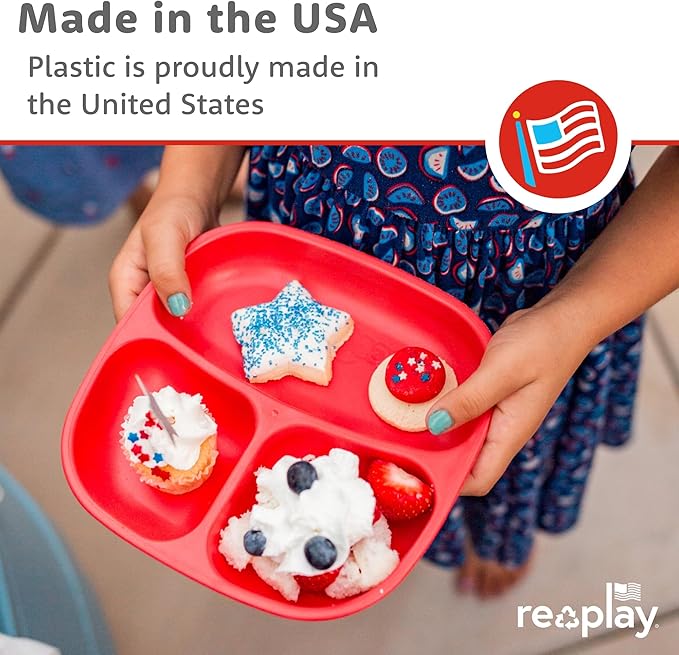 Re-Play Toddler Plates with Dividers - Deep-Walled 3 Compartments Divided Plates for Kids with 1 Lid - Dishwasher & Microwave Safe - Made in USA - Set of 3, Cool Blues