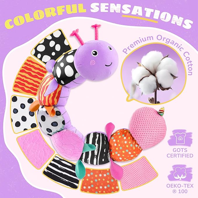 Baby Toys 6-12 Months Music Caterpillar,Stuffed Animals Infant Toys 0-3-6 Months,Baby Sensory Toys Tummy Time with Crinkle Rattle Teething Toys for Boys Girls Gifts Birthday|Lavender Purple