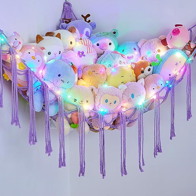 Basumee Stuffed Animals Net or Hammock with LED Light, Hanging Stuffed Animals Storage Toy Hammock Net Corner Wall Girls Room Decor Toy Storage Organizer, Purple, L