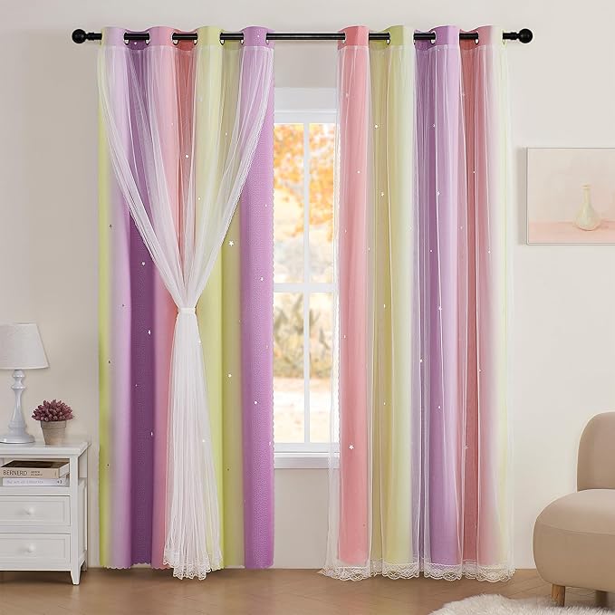 XiDi Curtains for Bedroom Decor, Rainbow Pink PurpleYellow52/90/1