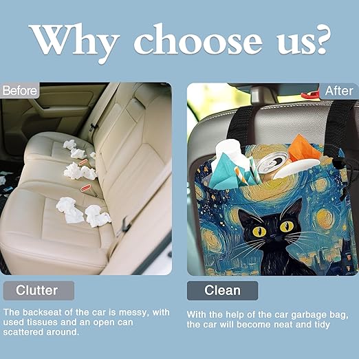 Watercolor Starry Night Car Garbage Bag,Black Cat Small Car Trash Bag Hanging,Drawstring Car Garbage Bag with Adjustable Buckle for Car Back Seat,SUVs,Camping,Road Trips