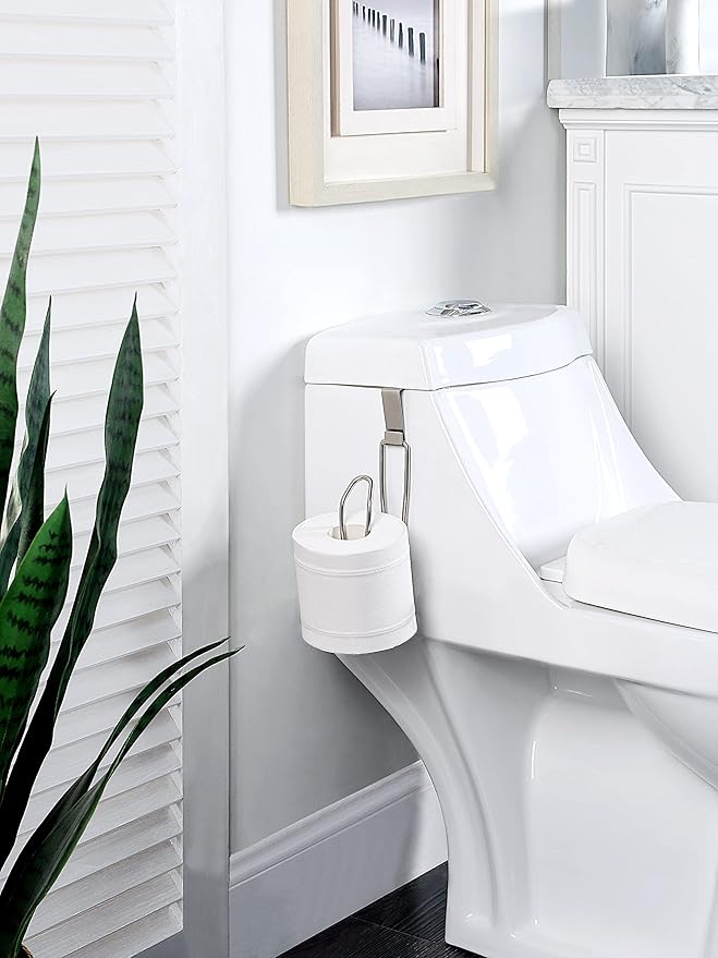 SunnyPoint Over The Tank Toilet Tissue Paper Roll Holder Dispenser and Reserve for Bathroom Storage and Organization - Metal, Hanging, Holds 1 Roll (Satin Nickel)