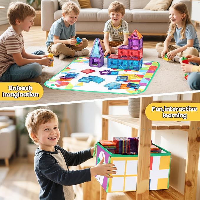 Magnetic Tiles Storage Bin & Interactive Playmat - Foldable Toy Organizer for Magnetic Tile, Portable Kids Storage with Handles,12.6x11.4x7.7inPlay Space for Home,Travel,Classroom,Outdoor Adventures