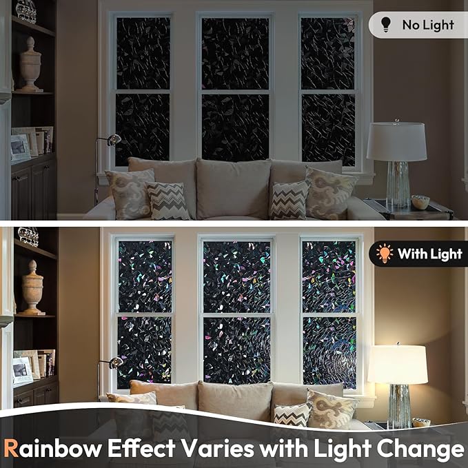 Haton Blackout Window Film, Black Out Window Cover, Stained Glass Sun Light Blocking Privacy Tint Shades for Home Room Darkening Dark Day Sleep Heat Control, Non-Adhesive, Black 17.5" x 78.7"