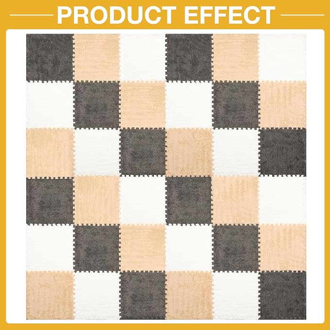 36 Pcs Plush Interlocking Carpet Tiles, Non-Toxic Foam Carpet Tile for Toddler Baby, Anti-Slip, EVA Foam Interlocking Tiles for Floor, Nursery, Playroom, Grey White Light Brown