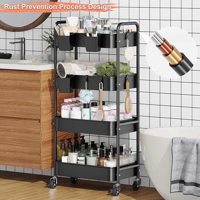 4-Tier Metal Rolling Cart with Wheels, Storage Utility Organizer Cart for Kitchen, Bathroom, Office, Baby Essentials & Makeup - Lockable Casters, Easy Assembly, Large Capacity, Black