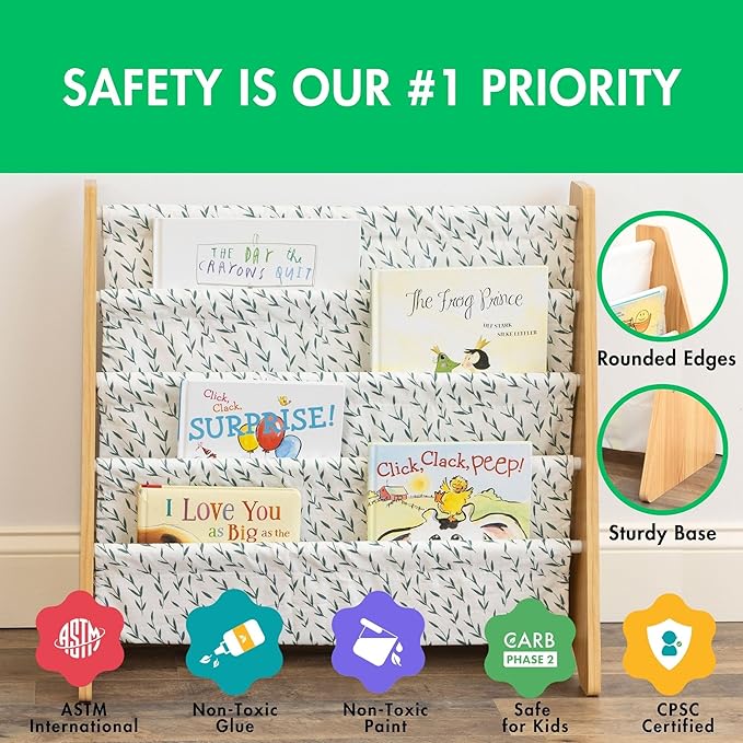 Humble Crew Kids Bookshelf, 4-Tier Front-Facing Book Display Organizer, Montessori Toddler Bookcase for Playroom, Bedroom & Reading Corner, Natural/White/Green