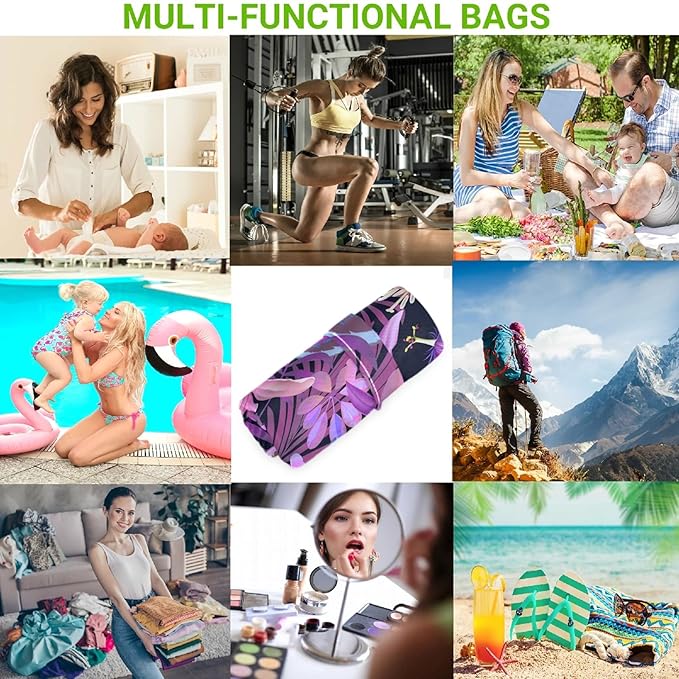 visesunny Tropical Purple Flower Palm 2Pcs Wet Bag with Zippered Pockets Washable Reusable Roomy for Travel,Beach,Pool,Daycare,Stroller,Diapers,Dirty Gym Clothes, Wet Swimsuits, Toiletries