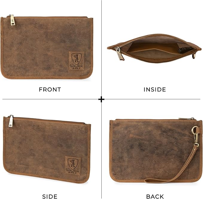 BERLINER BAGS Vintage Genuine Leather Document Organizer Theo XL, Passport Holder and Travel Wallet - Brown