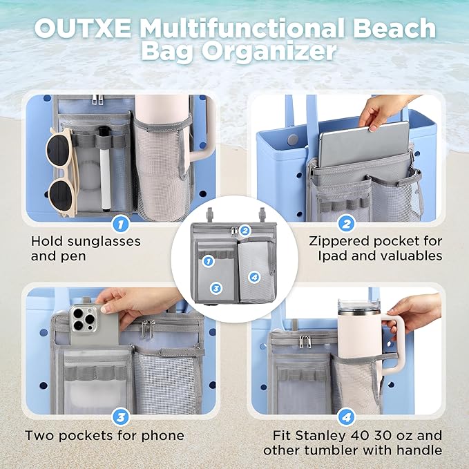 OUTXE Organizer Holder for Bogg Simple Modern Bag Accessories, Cup Phone Holder compatible with Stanley, Univesal Storage Mesh Divider Organizing Insert Pouch for Medium Bog Beach Rubber Tote, Gray