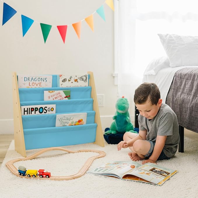 Wildkin Wooden Sling Bookshelf for Kids – Premium Canvas Design with 4 Fabric Shelves, Organizer for Home or Classroom - Natural w/Aqua
