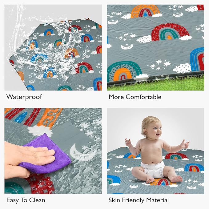 Hexagon Playpen Mat, Compatible with Regalo Play Yard and hiccapop PlayPod Portable Playpen, Self Inflatable Mat Pad, Portable and Comfortable Play Yard Mat with Carry Case - Rainbow