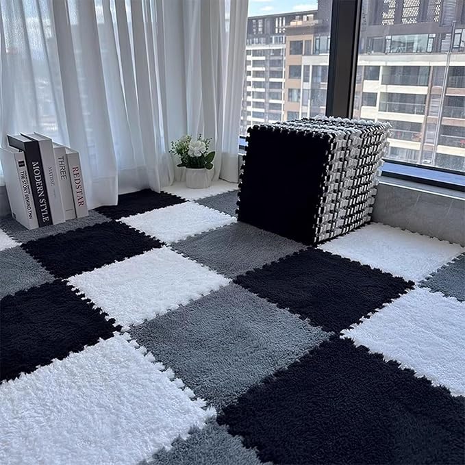 12pcs Plush Puzzle Foam Floor Mat, Cute Soft Fluffy Interlocking Square Foam Tiles Area Rugs Carpet for Parlor Bedroom Decor(11.8x11.8x0.4in, Grey&White&Black)