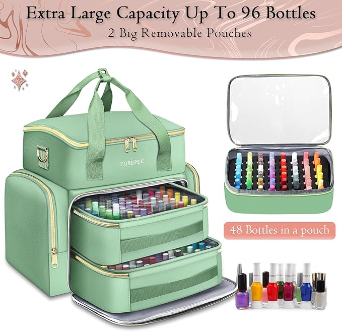 YOREPEK Extra Large Nail Polish Organizer Case Holds 96 to 100+ Bottles (15ml/0.5 fl.oz) UV lamp, Gel Polish Travel Case Bag with 2 Removable Pouches Fits Nail Suppiles, Gift for Manicurist, Green